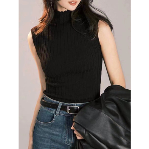Spring and summer half turtleneck small camisole women's all-match bottoming shirt knitted sweater vest sleeveless short top wear outside