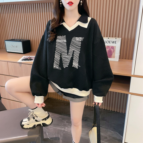 Actual shot of spring new Korean style loose POLO collar 260g jacquard cartoon print large size thin sweatshirt for women