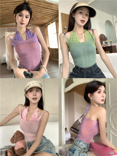 Real shot ~ Contrast color splicing fake two-piece camisole for women to wear with hot girl beautiful back knitted top