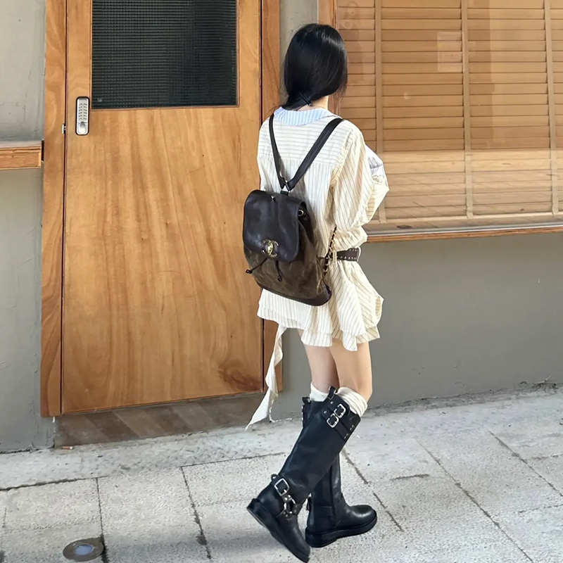2024新款春裝學院風條紋襯衫連衣裙子女早春季茶系穿搭一整套短裙
