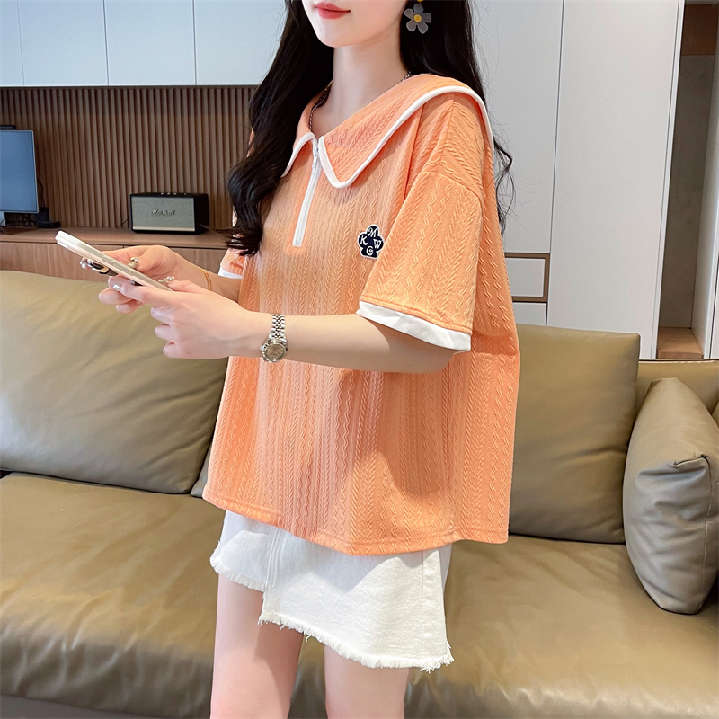實拍 華夫格短袖t恤女復古chic港味半袖設計感小眾夏寬鬆polo衫