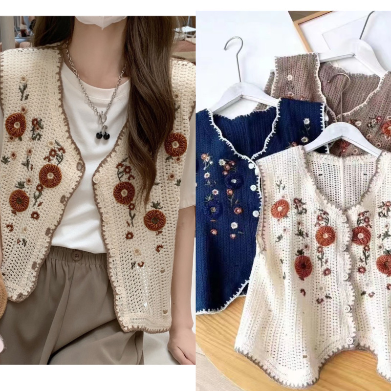 刺繡針織開衫女春季新款設計感小眾復古V領假兩件短款上衣潮