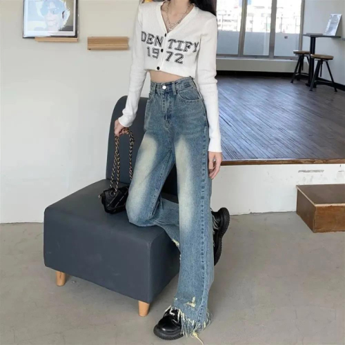 2024 New American Retro Washed Raw Edged Trousers with Holes and Tassels High Waist Loose Slimming Wide Leg Jeans for Women