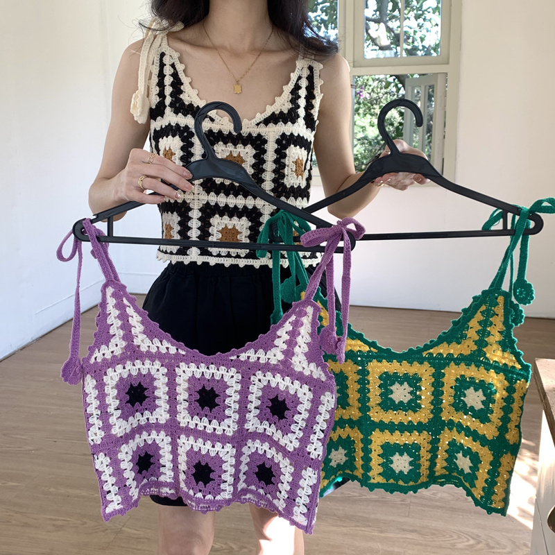 2024 Spring and Summer Bohemian Retro Vacation Knitted Hollow Vest Wearing Suspenders for Women