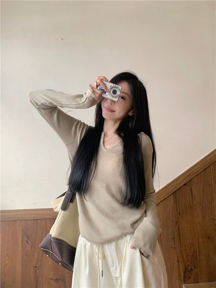 實拍~純色V領簡約長袖針織衫女+抽繩寬鬆闊腿水洗工裝牛仔褲