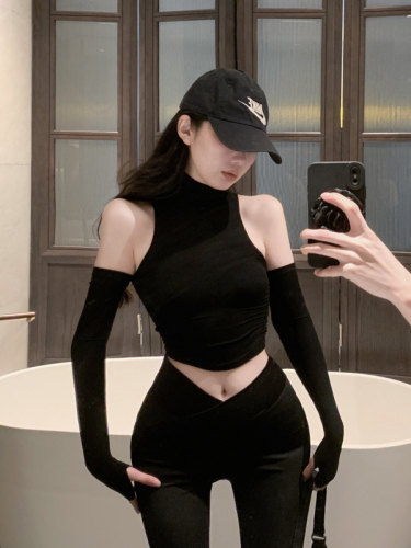 Real shot of sweet and spicy slim stretch T-shirt off-shoulder sexy high-neck sleeve top for women