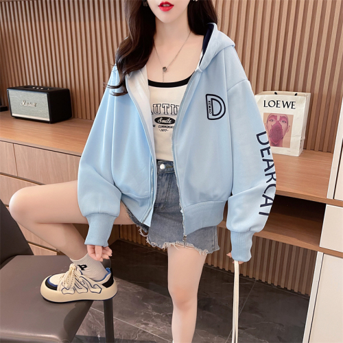 Real shot 2024 spring Korean style loose 315g Chinese cotton composite hooded embroidered zipper cardigan thin jacket for women