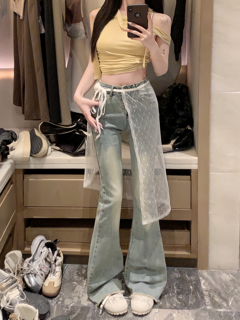 Actual shot #raw edge slightly booted jeans for women with design sense lace mesh slimming retro floor-length trousers