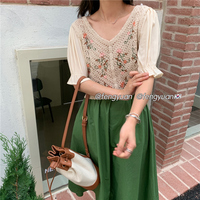 Korean style hollow embroidered puff sleeve knitted chiffon top with sweet and sweet splicing
