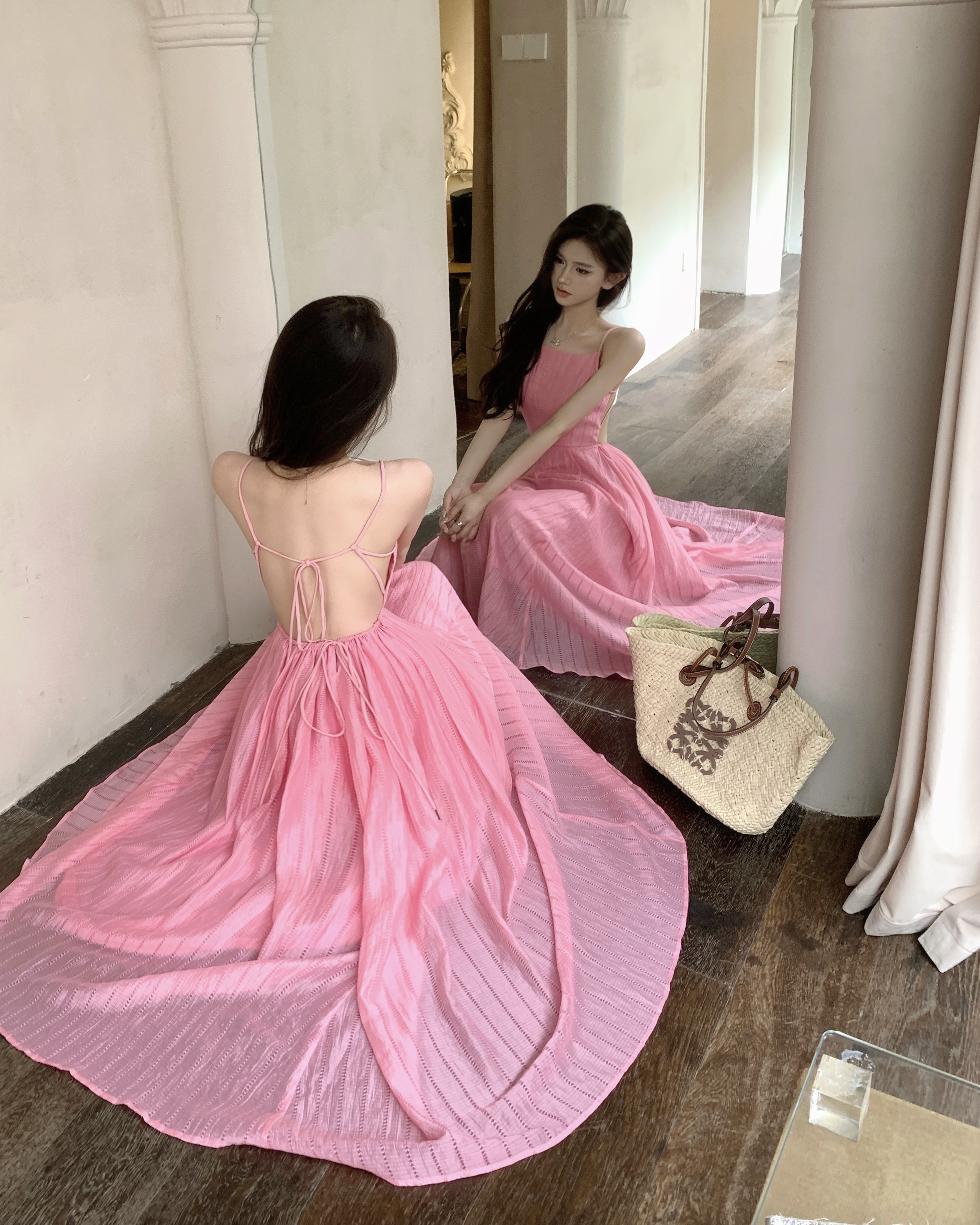 Real shot of customized fabric large skirt peach pink sleeveless backless holiday fairy lace-up dress