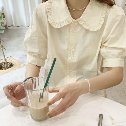 法式小众淡奶油黄泡泡袖娃娃领短袖衬衫薄款女夏季上衣