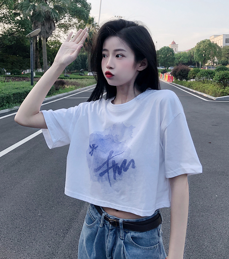 Short-sleeved t-shirt for women summer loose short style inner high waist top