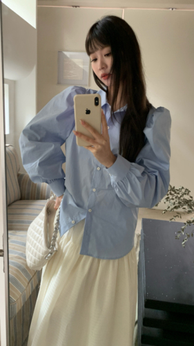 Real shot of puff-sleeved drawstring backless shirt + French style skirt suit