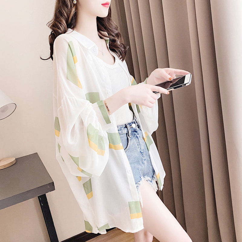 紐扣雪紡防曬襯衫女夏防紫外線長袖中長款超仙輕熟上衣服女