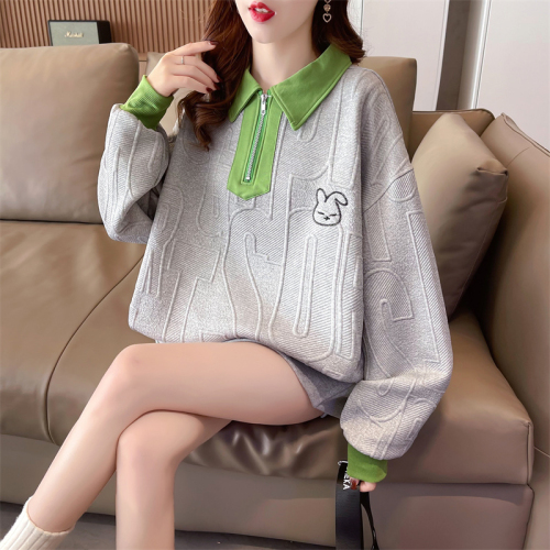 Actual shot of spring Korean style loose jacquard zipper POLO collar cartoon embroidery large size thin sweatshirt for women