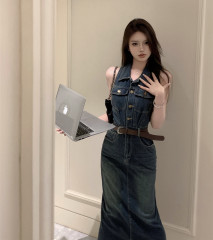 Real shot Hong Kong style retro lapel sleeveless waist slimming long hip-covering skirt denim vest skirt denim skirt