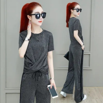 Wide-Leg Pants Sports Suit Women's 2024 Summer New Style Drapey High-Waist Slimming Wide-Leg Pants Two-piece Set