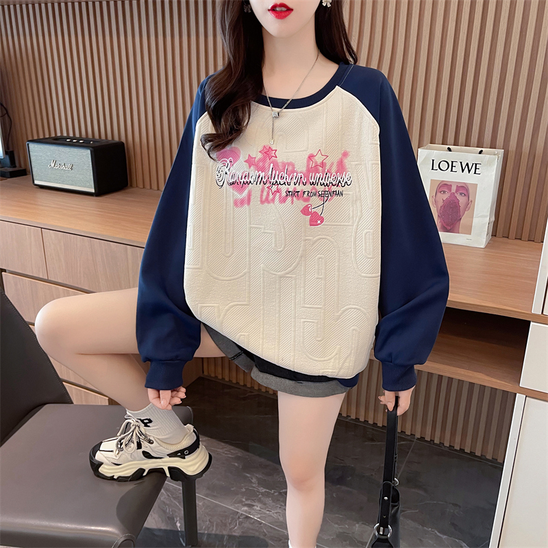 Actual shot of new spring Korean style loose Chinese cotton composite jacquard raglan sleeves round neck large size thin sweatshirt for women