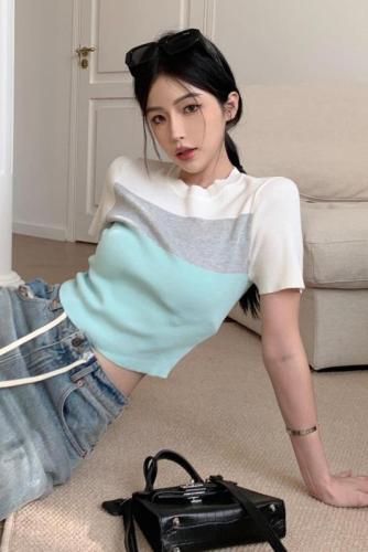 Actual shot of summer new style Korean style pure lust style ice cream color striped sweater short-sleeved T-shirt top for women
