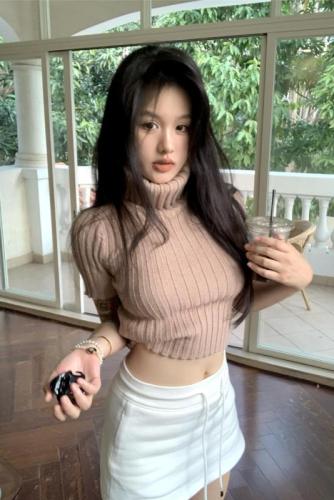 Actual shot~Korean female character card turtleneck slit folding short slim fit top solid color short-sleeved sweater