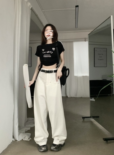 Real shot of Hong Kong style fashionable high-waisted casual pants for women, slim wide-leg pants for small people, straight overalls