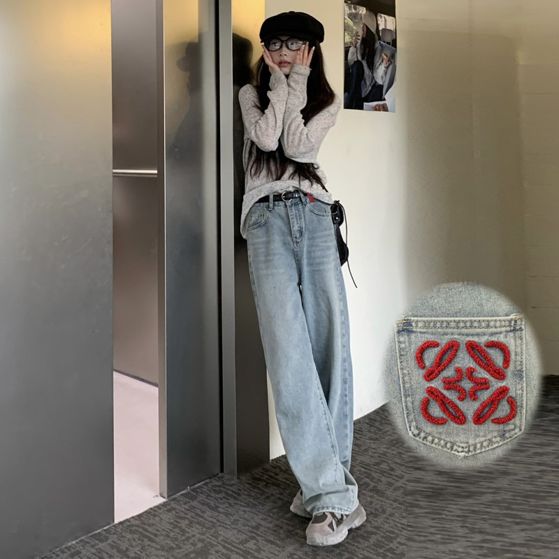 實拍2024春季拼色刺繡高腰收腰提臀直筒牛仔褲女窄版闊腿褲