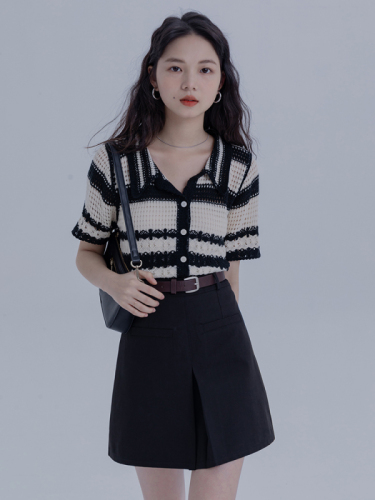 EGGKA striped short-sleeved sweater for women summer new design niche hook pattern hollow short top