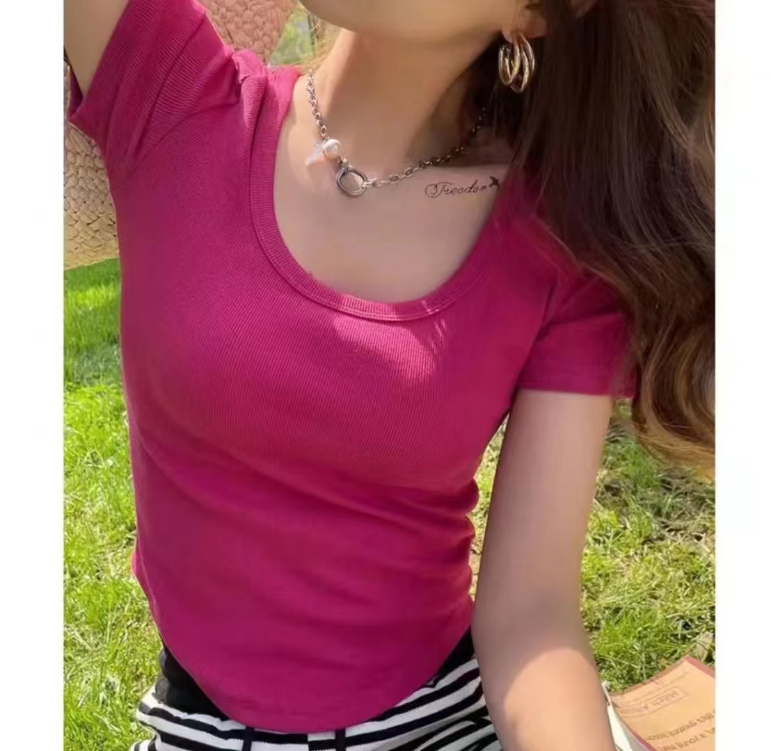 設計感小眾純欲甜辣妹性感u領正肩短袖t恤女夏不規則純色短款上衣