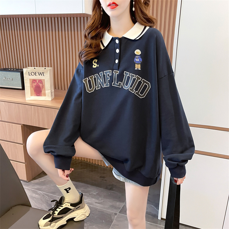 Actual shot of spring Korean style loose waffle POLO collar cartoon print mid-length large size thin sweatshirt for women