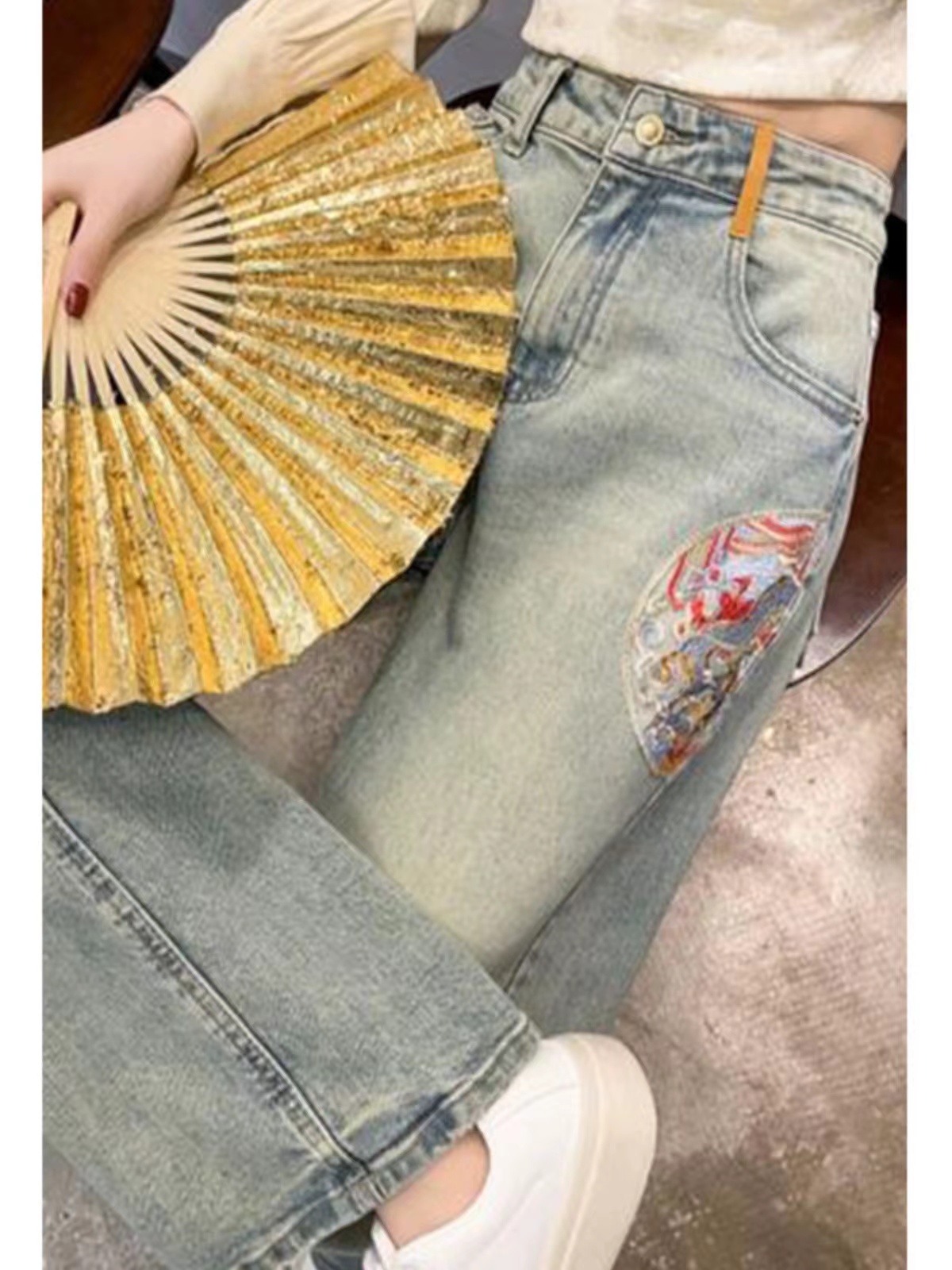 國風高腰闊腿牛仔褲子女春秋款寬鬆設計感小眾新中式長褲直筒褲