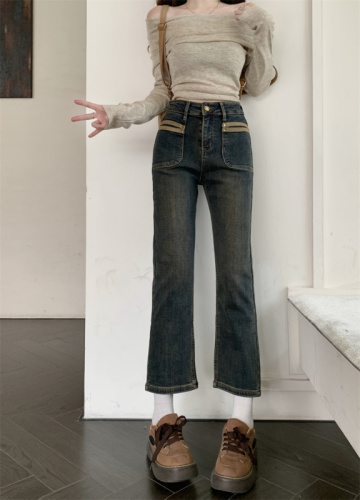 Actual shot of new high-waisted stretch straight slim slimming nine-point jeans for women