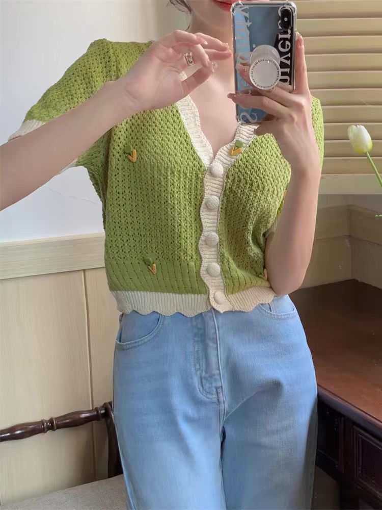 絕美法式夏季冰絲短袖小款鏤空開衫刺繡純欲風短款v領針織上衣女