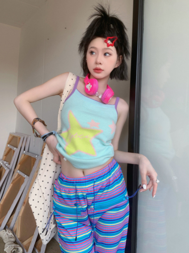 Real shot of summer dopamine outfit Song Yuqi's same style knitted vest + striped patch trousers suit for women