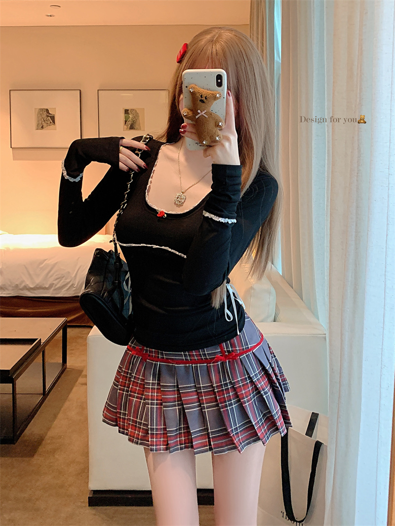 Real shot of ballet style bow lace U-neck pleated slim T-shirt long-sleeved top in 3 colors