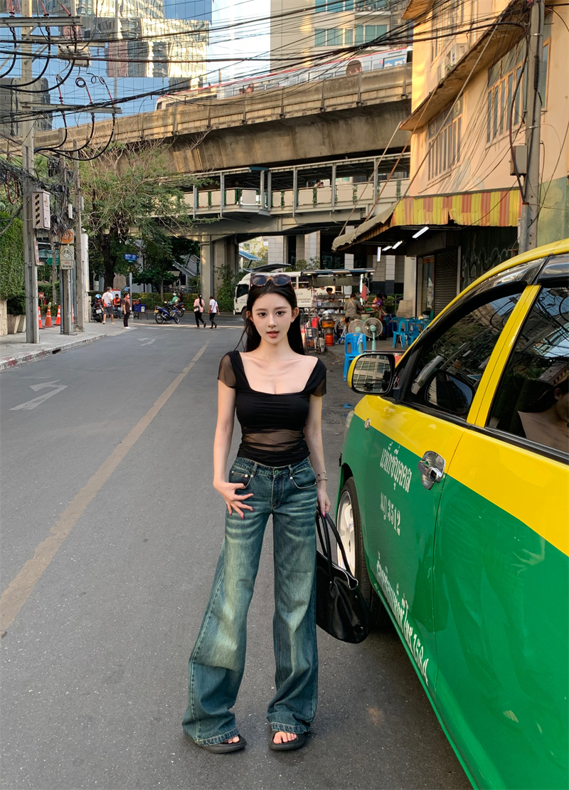 實拍 短袖t恤女夏季網紗拼接透視修身顯瘦薄款百搭上衣潮