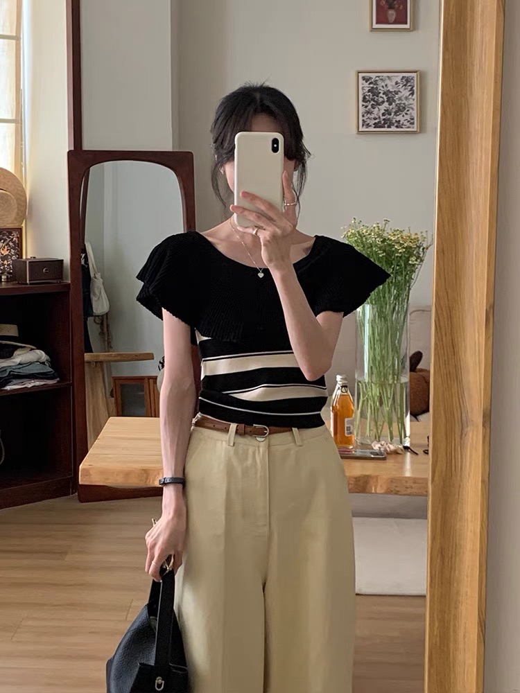 彈力木耳邊條紋針織上衣女夏季韓系別致小眾設計感