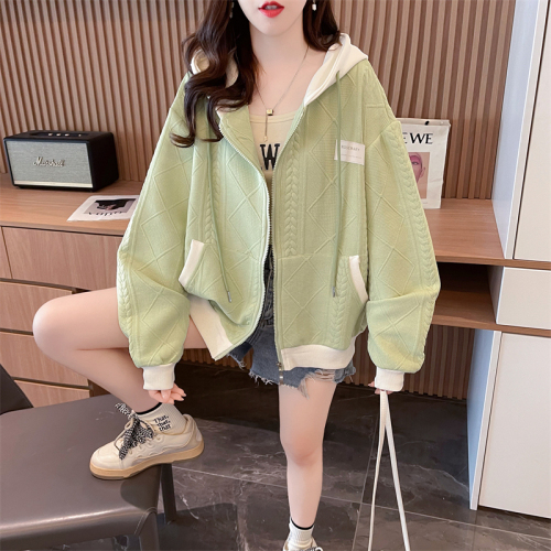 Actual shot of spring Korean style loose jacquard with inner hooded embroidered zipper cardigan large size thin jacket for women