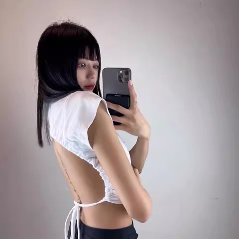 歐美范大露背系帶修身露腰t恤女士夏天性感辣妹上衣