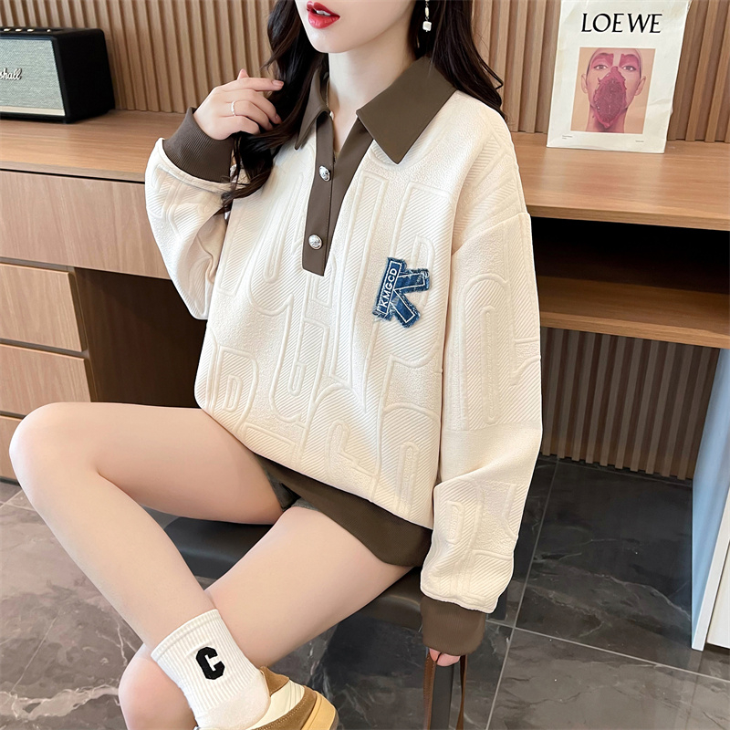 Real shot 2024 spring new Korean style loose jacquard contrast color POLO collar patch large size thin sweatshirt for women