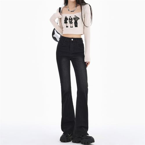 Actual shot of 2024 women's spring clothing American retro high-waisted slim light blue jeans