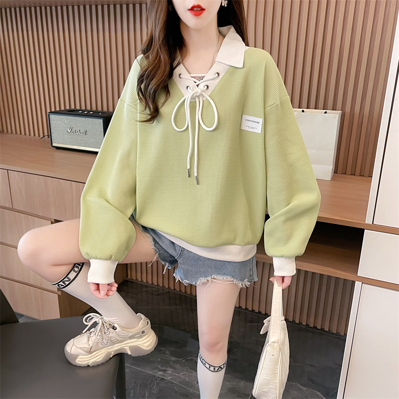 Actual shot of 2024 spring Korean style loose waffle POLO collar lace-up large size women's thin sweatshirt for women