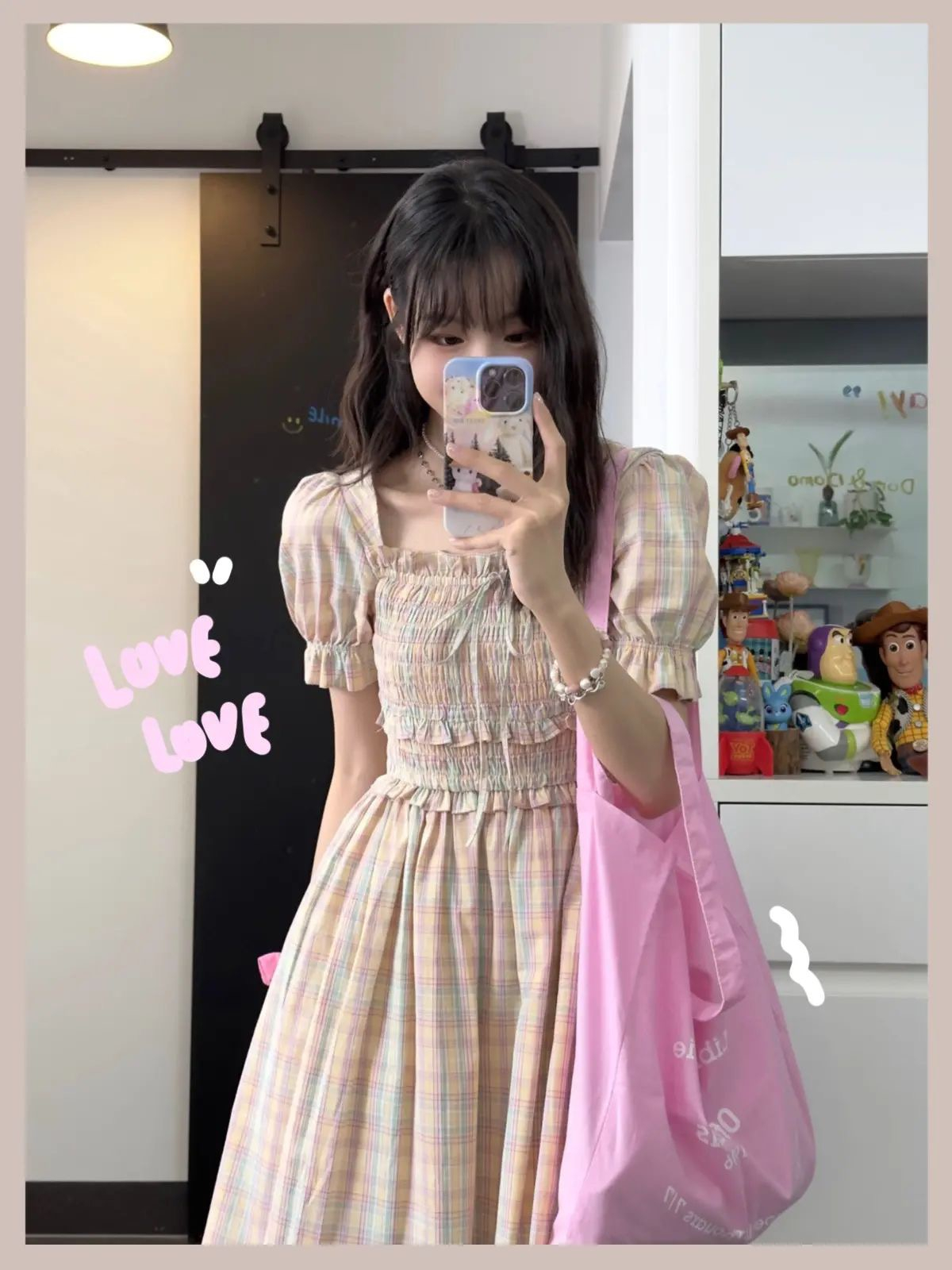 溫柔風甜美泡泡袖收腰短裙法式初戀清純奶甜格紋連衣裙子女夏季