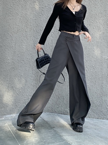 Real shot of irregular spliced ​​straight trousers for women, autumn and winter design street-style drape suit trousers