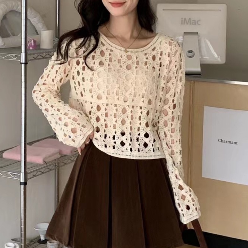 小個子短款鈎花鏤空套頭罩衫女2024春秋季新款設計感小眾別致上衣