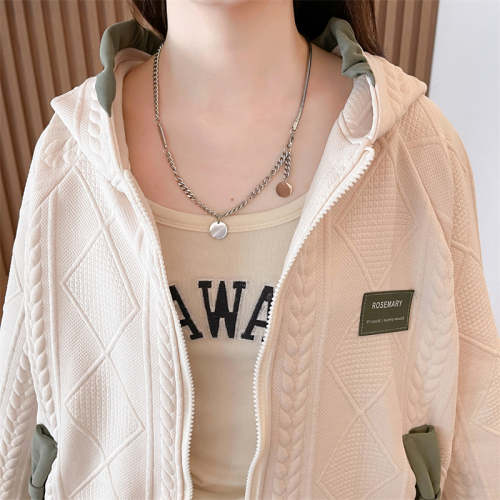 Actual shot of spring Korean style loose imitation cotton hooded contrast color bow pocket zipper cardigan thin coat for women
