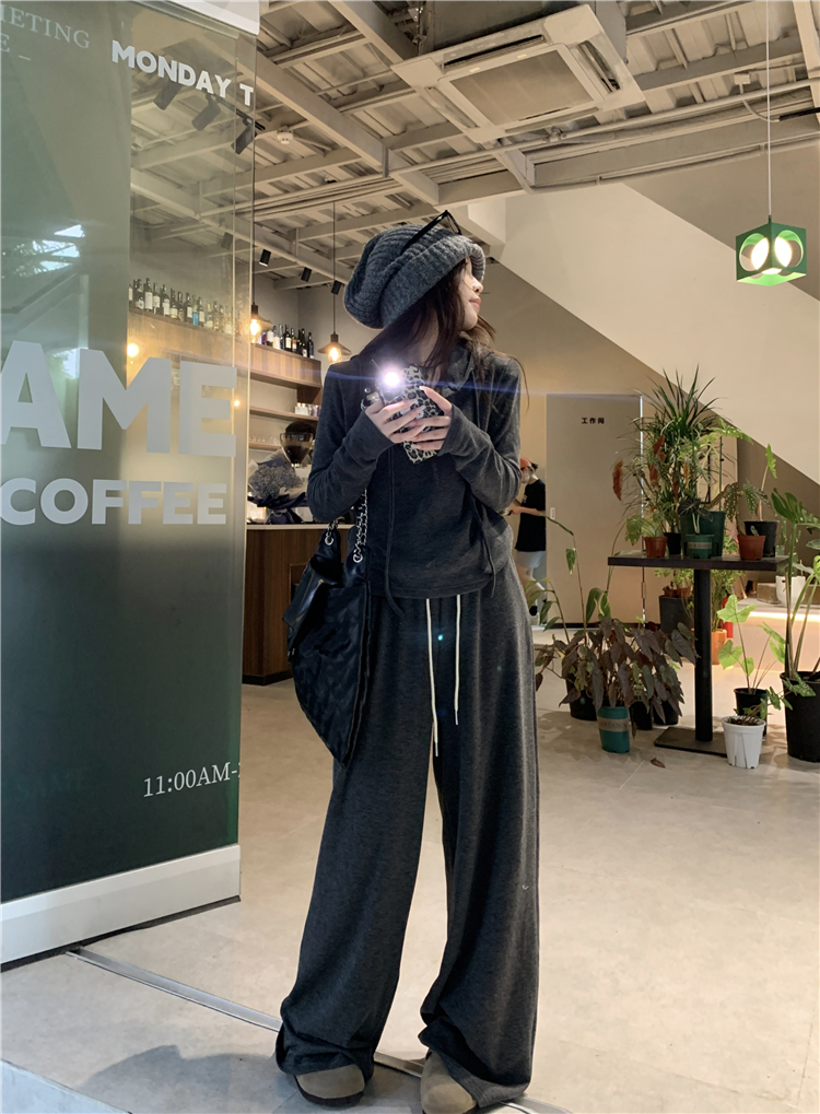 實拍~大碼2024春季新款純色連帽上衣顯瘦休閒直筒褲套裝女潮