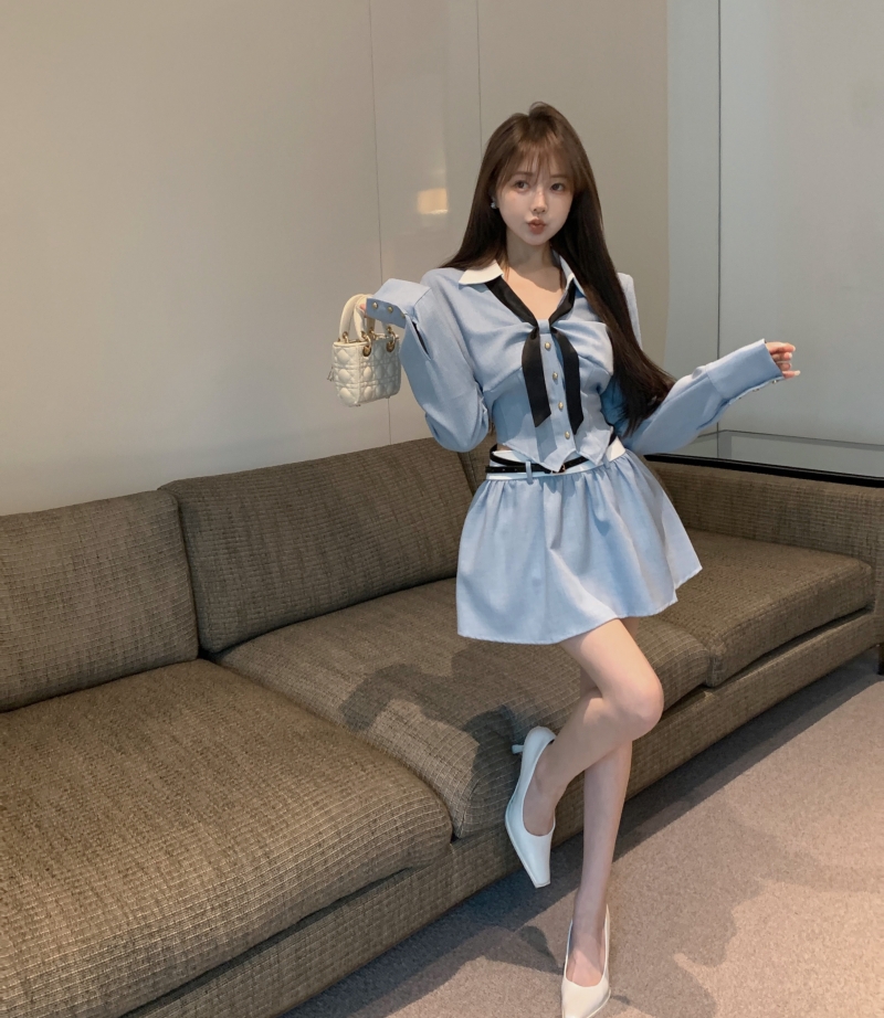 實拍春日襯衫女法式上衣設計感高級小衫藍色襯衫韓版輕奢襯衣