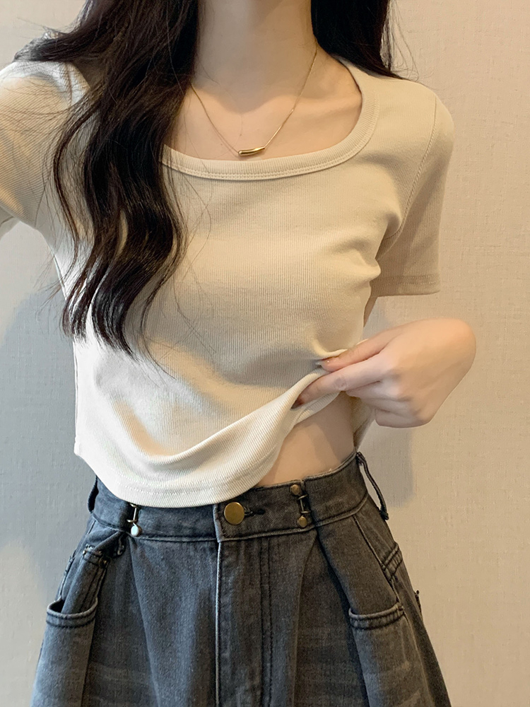 210g 40 count pure cotton ribbed 95 cotton 5 spandex curved hem French square collar short top
