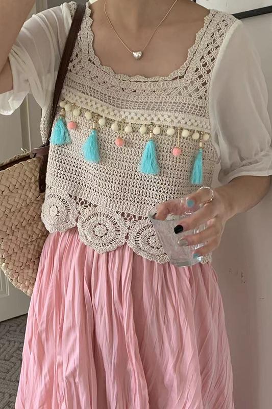 New summer tassel heavy embroidery sweet girly jacquard cardigan sweater for women
