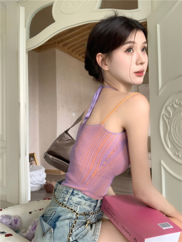 Real shot ~ Contrast color splicing fake two-piece camisole for women to wear with hot girl beautiful back knitted top